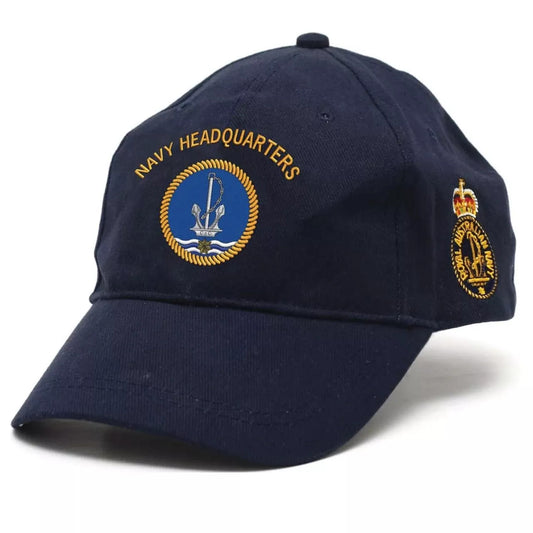 The Navy Headquarters Policy Cap is a must-have accessory for all military personnel. Made from heavy brushed cotton, this high-quality cap features the iconic Navy Headquarters crest on the front and the Navy ceremonial badge embroidered on the left side. www.moralepatches.com.au