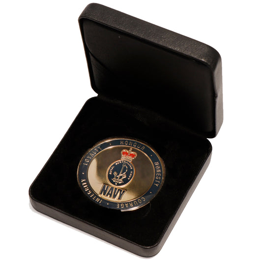 The Navy 48mm Medallion is a limited-edition product that is sure to impress. This stunning medallion is presented in a luxurious leather look gift box, making it the perfect choice for awards, presentations, or that special gift. www.moralepatches.com.au