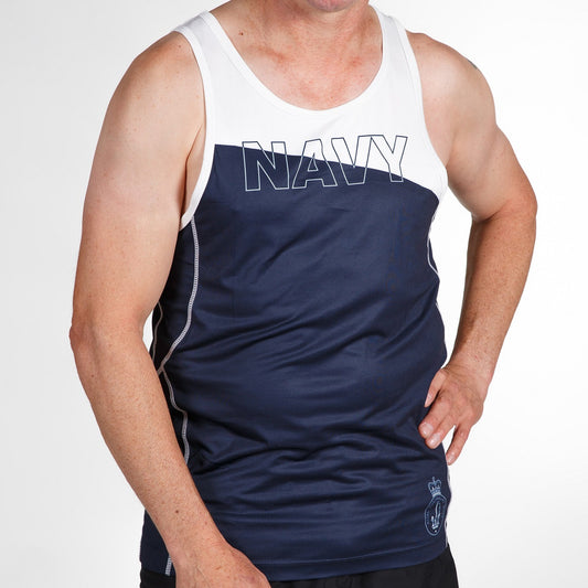 Stay cool during workouts with this Navy Mens Singlet in white and blue. With a great design and sturdy construction, this singlet is great for staying comfortable and dry while you work out or any time you wear it. A fantastic gift for a loved one or add this to your wardrobe today! www.moralepatches.com.au