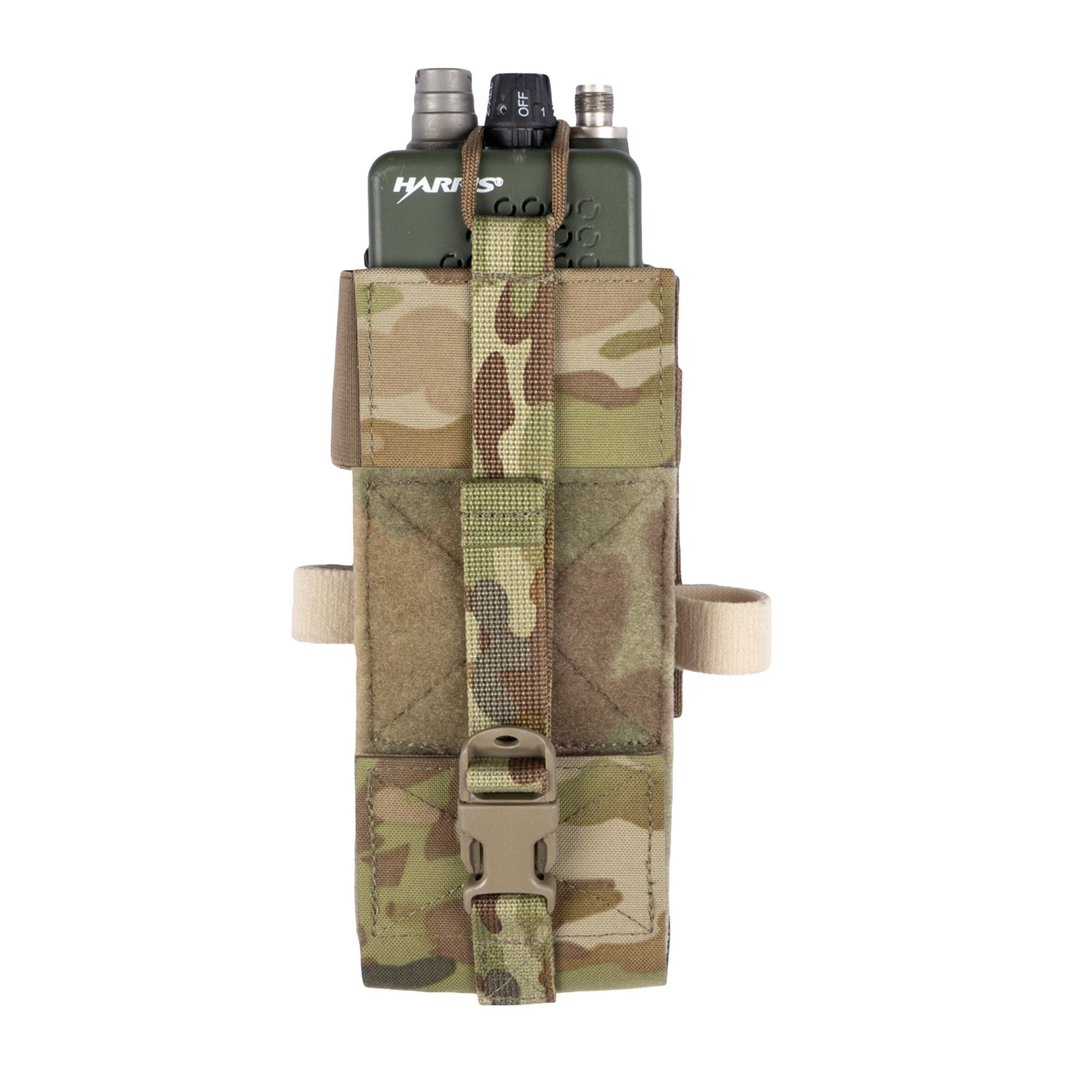 This pouch has been designed securely hold AN/PRC-152 Multiband Handheld Radio with or without GPS module. The pouch can be adjusted in height for when the user is operating with a battery splitter. www.moralepatches.com.au