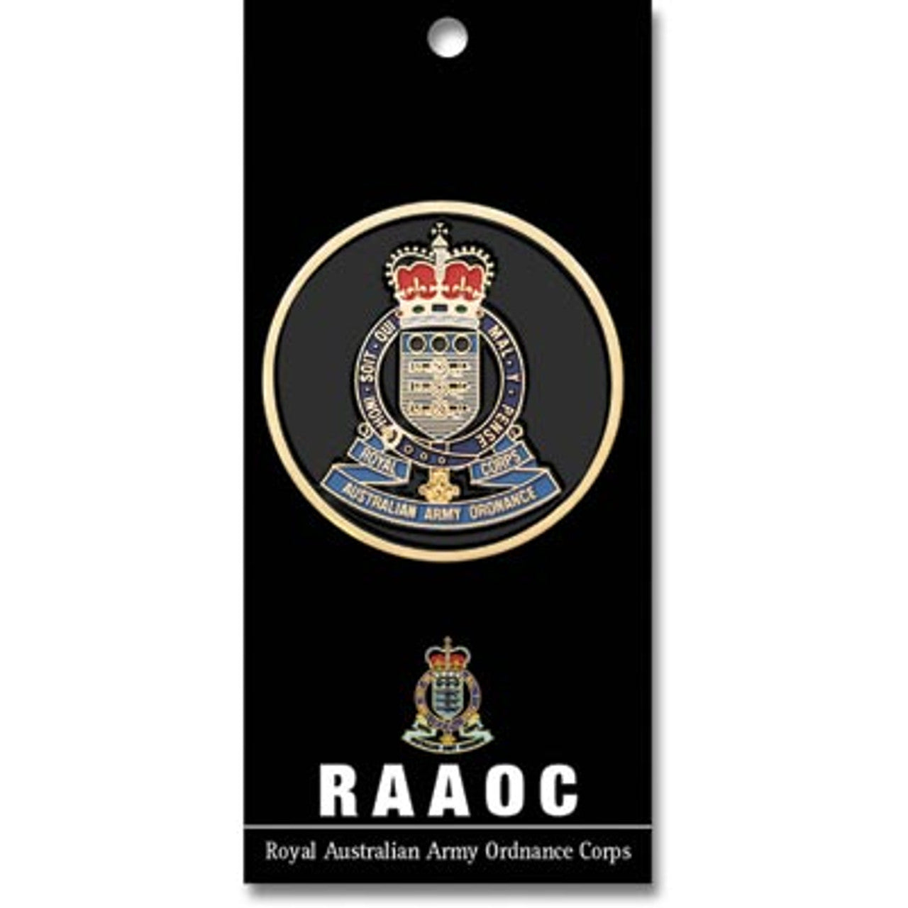 This regal 48mm full-colour enamel medallion from the Royal Australian Army Ordnance Corps (RAAOC) is sure to captivate the viewer and prompt fascinating discourse from all who admire it.  www.moralepatches.com.au