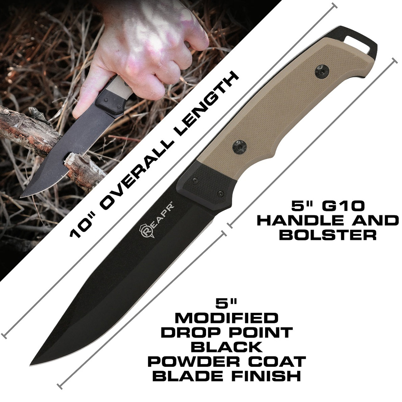 A double G10 desert tan handle protects you against slippage and the oversized grip gives you more control. This robust and stylish knife comes with a lanyard hole and a 1680D ballistic nylon belt sheath for security, easy storage and multiple carry options. www.moralepatches.com.au