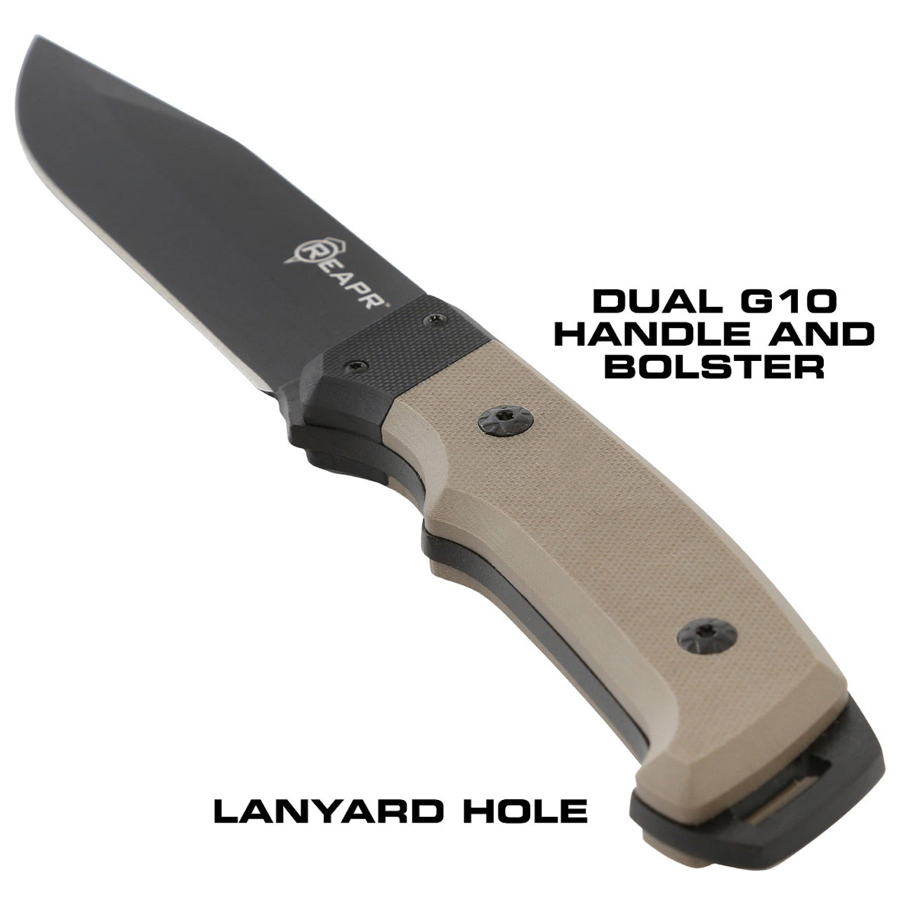 A double G10 desert tan handle protects you against slippage and the oversized grip gives you more control. This robust and stylish knife comes with a lanyard hole and a 1680D ballistic nylon belt sheath for security, easy storage and multiple carry options. www.moralepatches.com.au