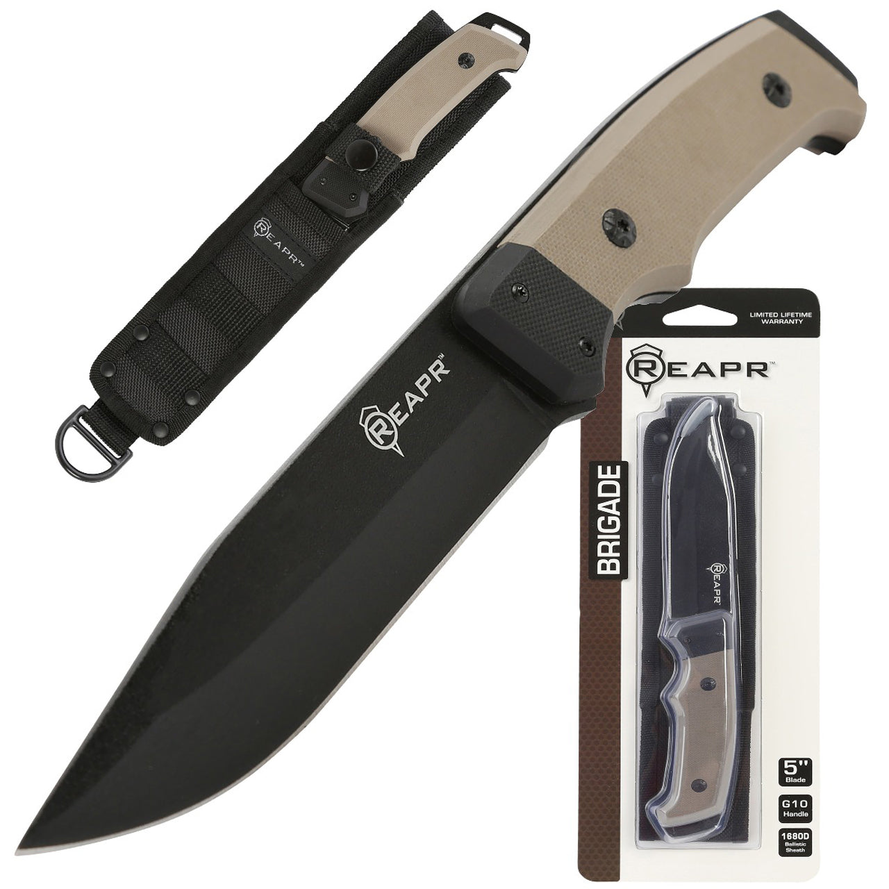 A double G10 desert tan handle protects you against slippage and the oversized grip gives you more control. This robust and stylish knife comes with a lanyard hole and a 1680D ballistic nylon belt sheath for security, easy storage and multiple carry options. www.moralepatches.com.au