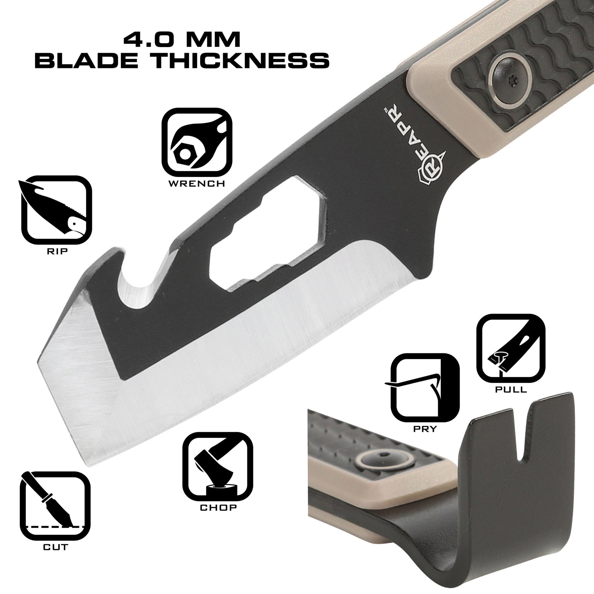 There’s not too much the REAPR 11015 Versa TAC Pry Bar can’t take care of. This versatility of this 10” pry bar is exceptional. There’s a ripper hook, wrench function and nail pullers, plus a cutting edge to pry or cut. The ripper hook on is excellent for tearing cloth, fishing line, or dressing small game like fish. www.moralepatches.com.au