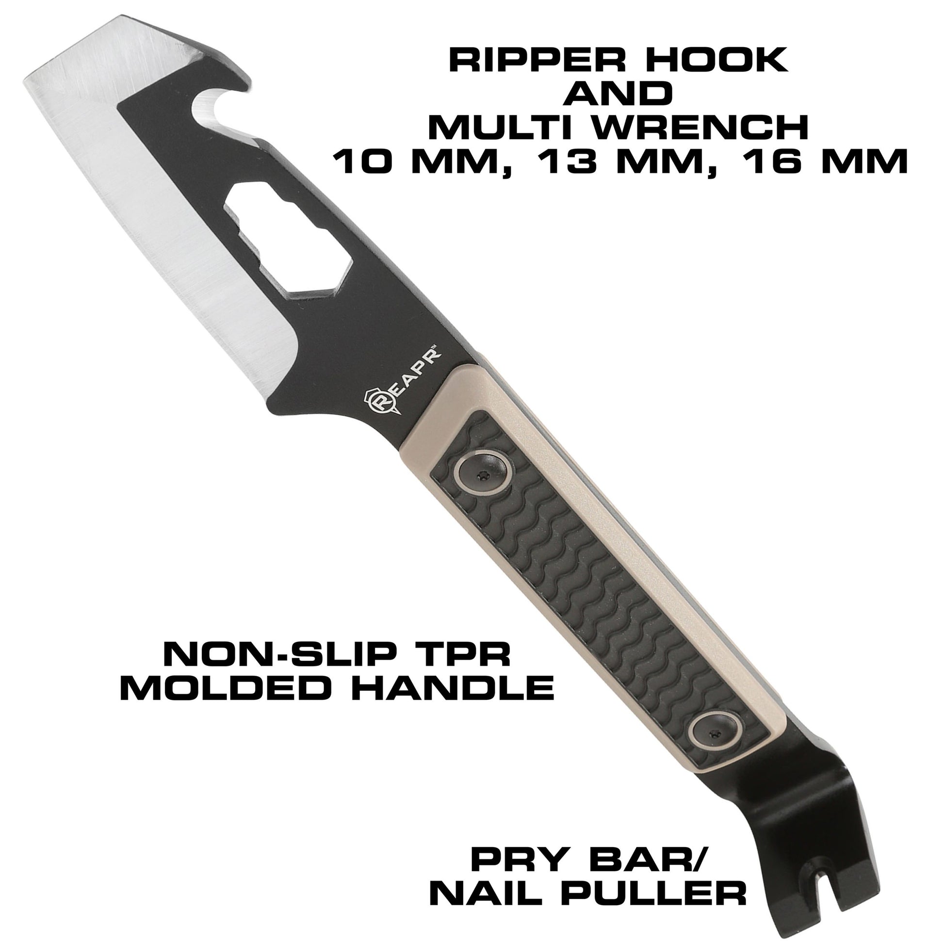 There’s not too much the REAPR 11015 Versa TAC Pry Bar can’t take care of. This versatility of this 10” pry bar is exceptional. There’s a ripper hook, wrench function and nail pullers, plus a cutting edge to pry or cut. The ripper hook on is excellent for tearing cloth, fishing line, or dressing small game like fish. www.moralepatches.com.au