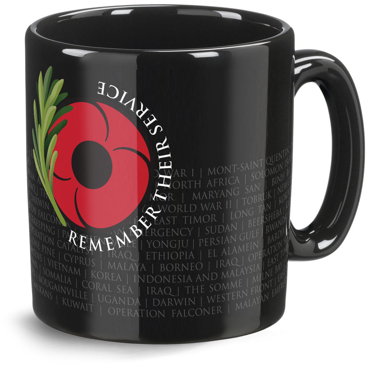 A moving Remember Their Service Coffee Mug for starting conversations and most importantly keeping drinks warm. This ceramic mug features operation and location names, set behind a vibrant red poppy and rosemary sprig. www.moralepatches.com.au