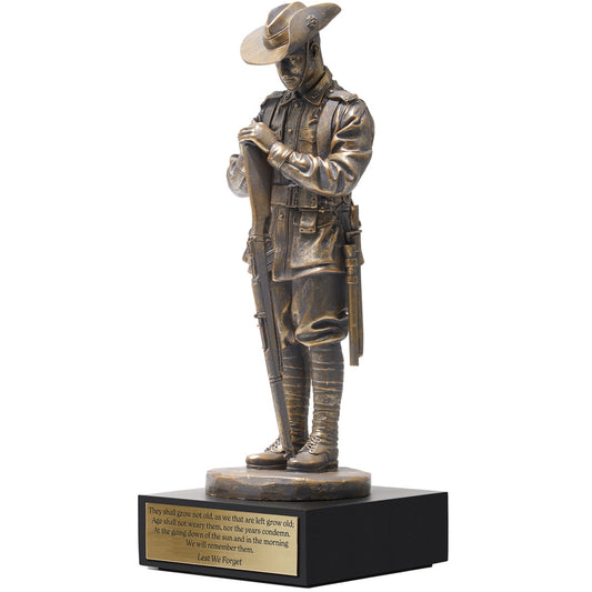 The figurine includes a recording to be used during the time all Australians stop to remember on Remembrance Day. The recording includes the Ode, the Last Post, and a minute of silence, allowing you to respectfully honour our heroic servicemen and women. It comes with an instruction booklet detailing what is in the recording and guiding you on how to show respect on the 11th hour of the 11th day of the 11th month each year. www.moralepatches.com.au