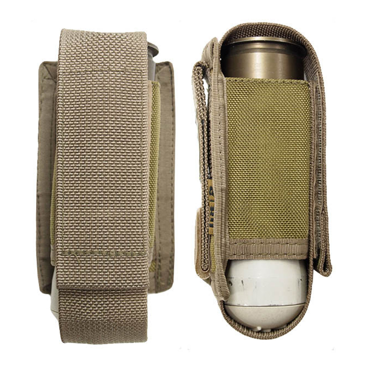 Holds a single 40mm Illumination round in a protective nylon sleeve. The round is held in via a Velcro flap that also acts as a "self serve" pull tab.   'Horizontal' refers to the way the the pouch is mounted - sideways with the round seated vertically.   Approved for use my Australian Defence Force   NSN 8465-66-155-9146  www.moralepatches.com.au