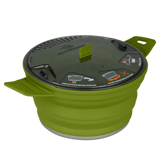  Ideal for 2-3 campers, the X-Pot 2.8L has silicone walls that are constructed from five folding segments for increased expanded height while still packing down to only 40mm. The lid features a built-in strainer and can be locked to the pot with the folding handles for transport.  www.moralepatches.com.au