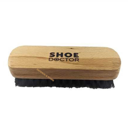 Shoe Doctor Shoe Brush with Black Animal Bristles. Black coloured bristles suited to any colour polish. Varnished and made from Beech Timber. This brush contains dense tufts of natural fibre bristles to provide maximum buffing! Size: 123mm x 40mm x 37mm. www.moralepatches.com.au