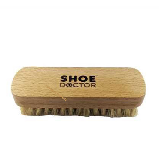 Shoe Doctor Shoe Brush with Natural Animal Bristles. Natural coloured bristles suited to any colour polish. Varnished and made from Beech Timber. This brush contains dense tufts of natural fibre bristles to provide maximum buffing! Size: 123mm x 40mm x 37mm. www.moralepatches.com.au