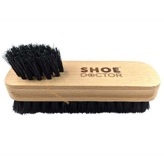 Shoe Doctor Shoe Brush Twin Tufted with Natural Animal Bristles. Twin tufted apply one side polish with the other. Black coloured bristles suited to black polish. Varnished and made from Beech Timber. This brush contains dense tufts of natural fibre bristles to provide maximum buffing! www.moralepatches.com.au