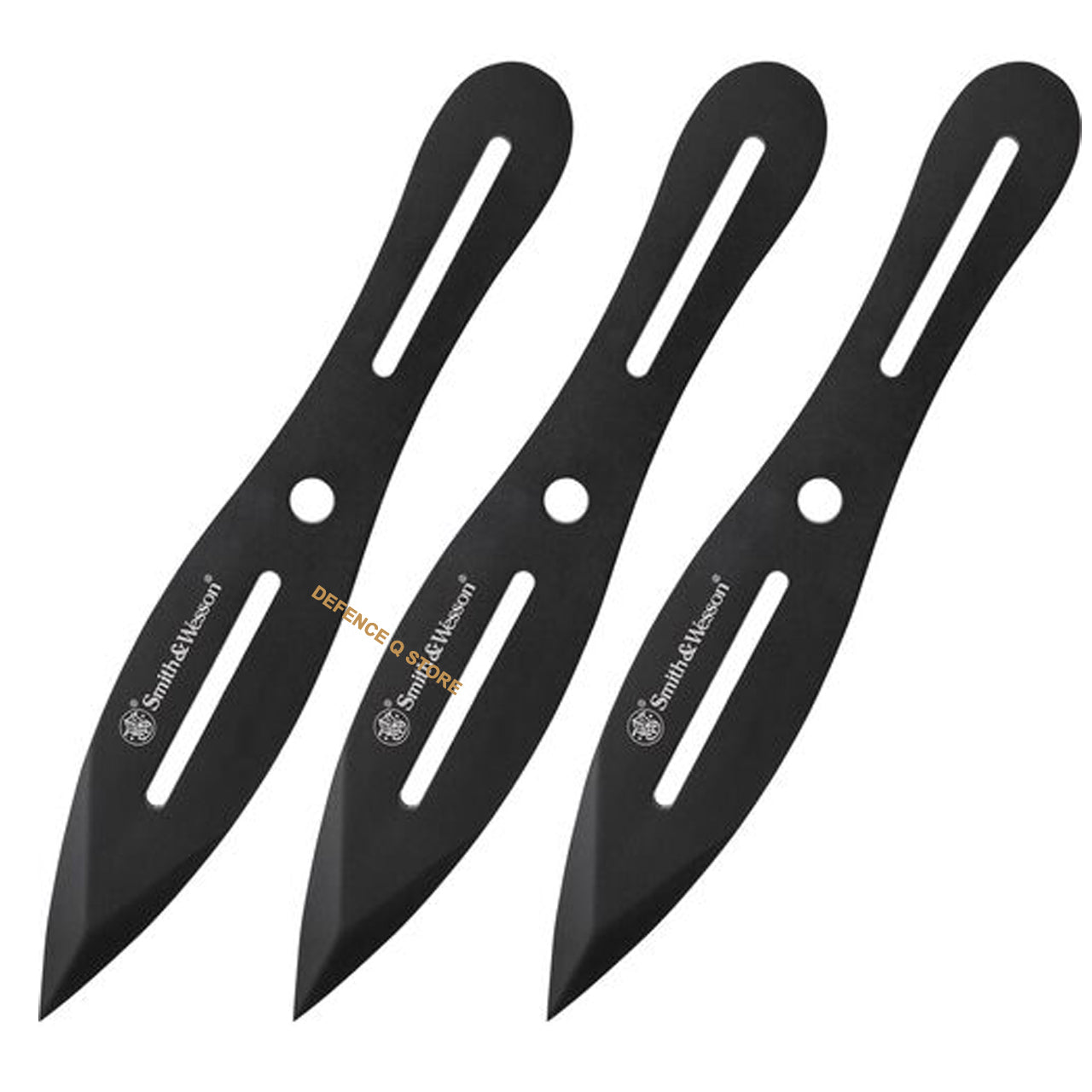 Experience the unmatched quality and precision of Smith &amp; Wesson Thrower Knives Black 3 Pack. Each thrower features a sleek 8" design with a durable 4.25" black finish 2Cr13 stainless spear point blade.  www.moralepatches.com.au