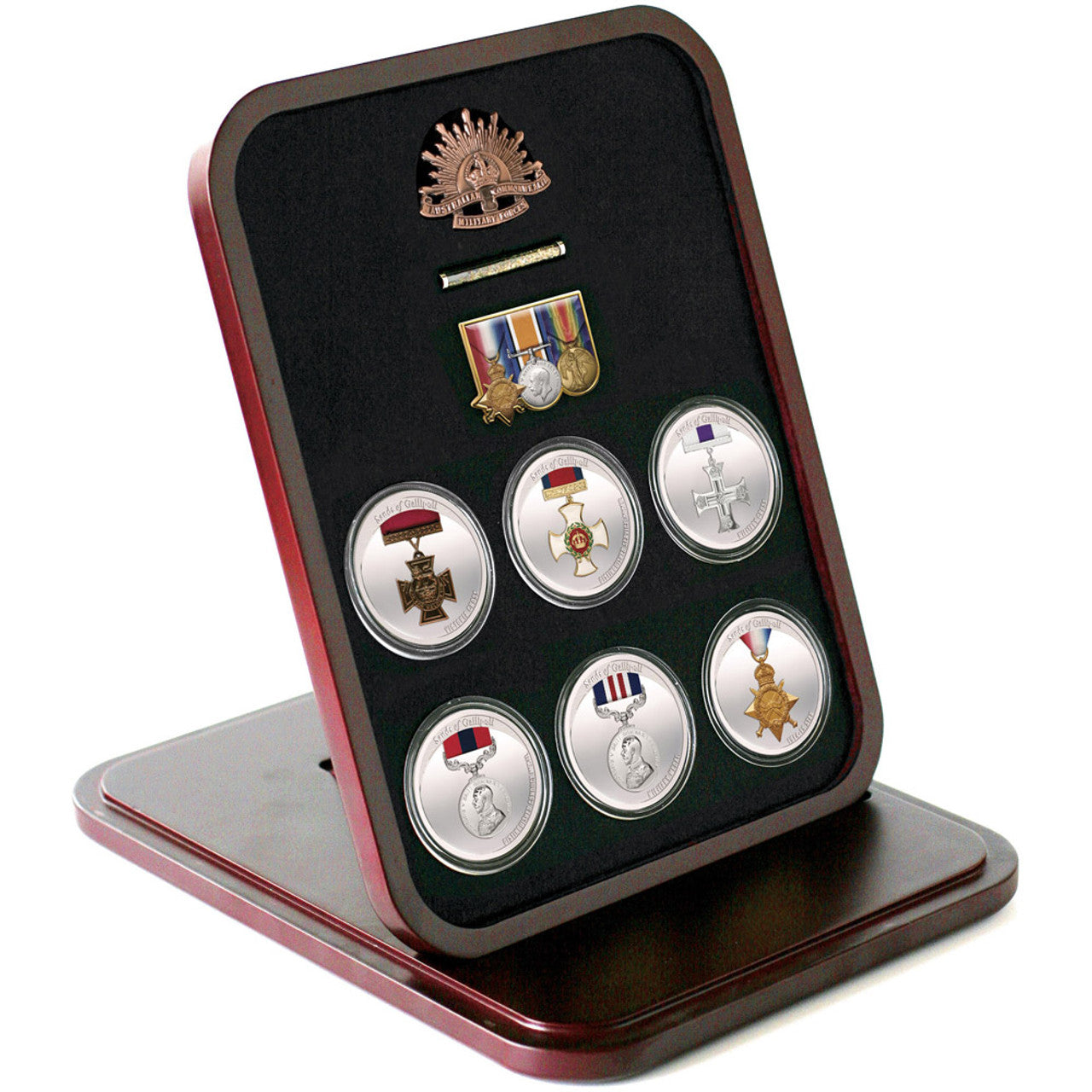 Each medallion is housed in a protective plastic coin capsule and presented in a quality timber finish display case, showcasing the iconic medals and a vial of authentic sand collected from the beaches of Gallipoli. With only 2,500 sets available, this limited edition collection is truly exclusive. Each set comes with a numbered certificate of authenticity, adding to its value and desirability. www.moralepatches.com.au