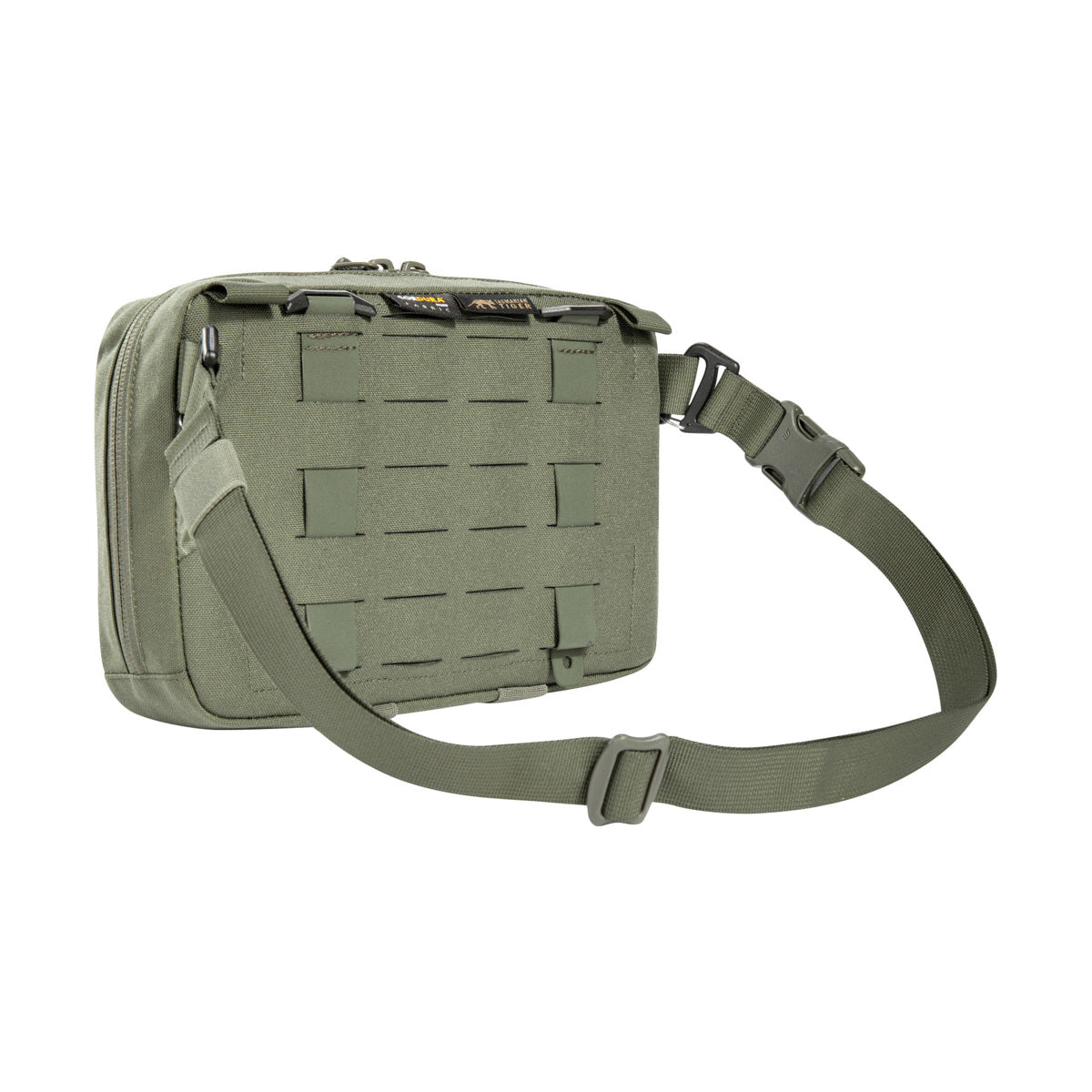 The bag has a removable MOLLE reverse system for attachment to plate carriers and backpacks. In addition, it can be hooked with loops to the TT Survival Pack or other MOLLE surfaces with appropriate buckles. There is also a pass-through for a 50mm belt loop. Inside are flat mesh pockets, elastic loops and a large MOLLE hook-and-loop surface. www.moralepatches.com.au