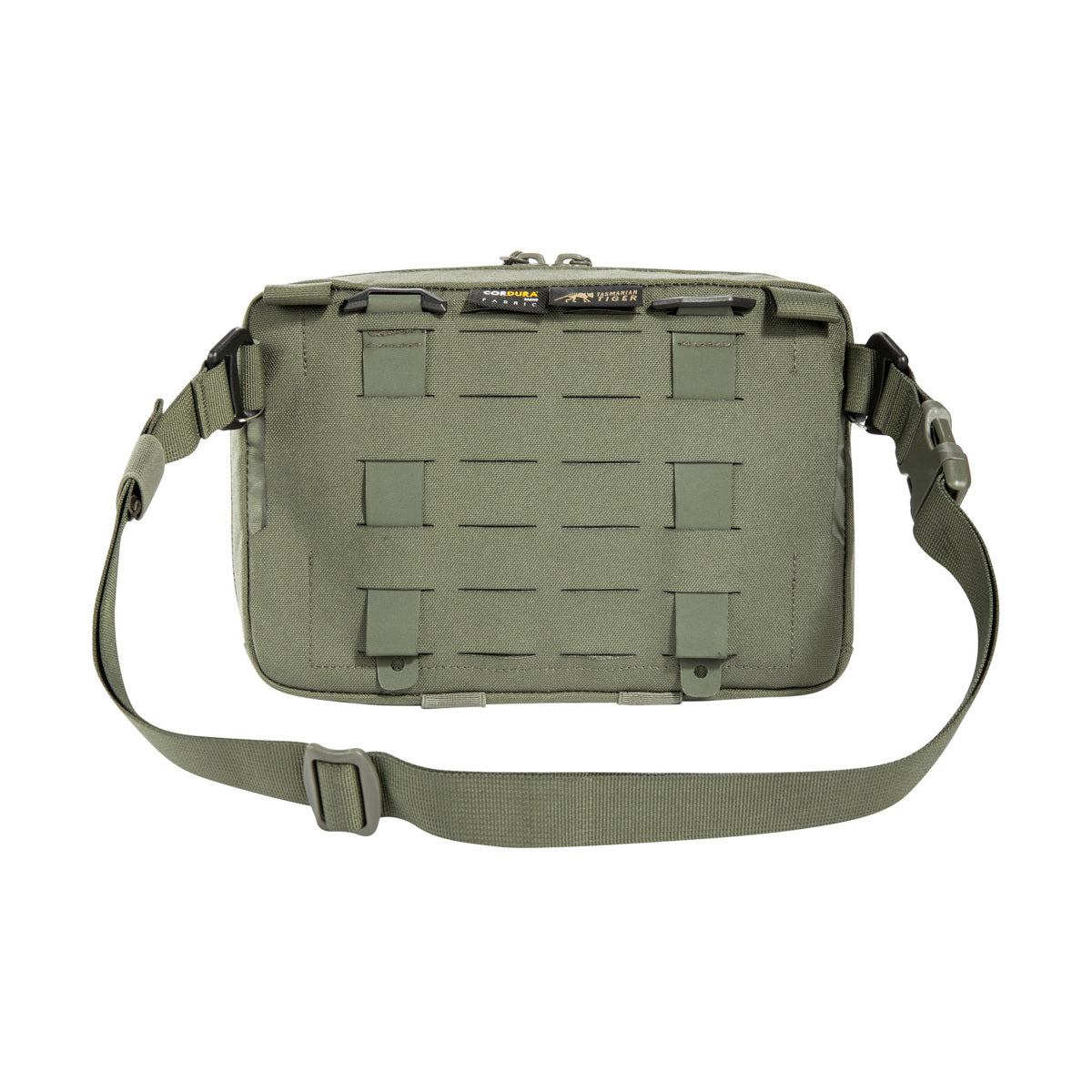 The bag has a removable MOLLE reverse system for attachment to plate carriers and backpacks. In addition, it can be hooked with loops to the TT Survival Pack or other MOLLE surfaces with appropriate buckles. There is also a pass-through for a 50mm belt loop. Inside are flat mesh pockets, elastic loops and a large MOLLE hook-and-loop surface. www.moralepatches.com.au