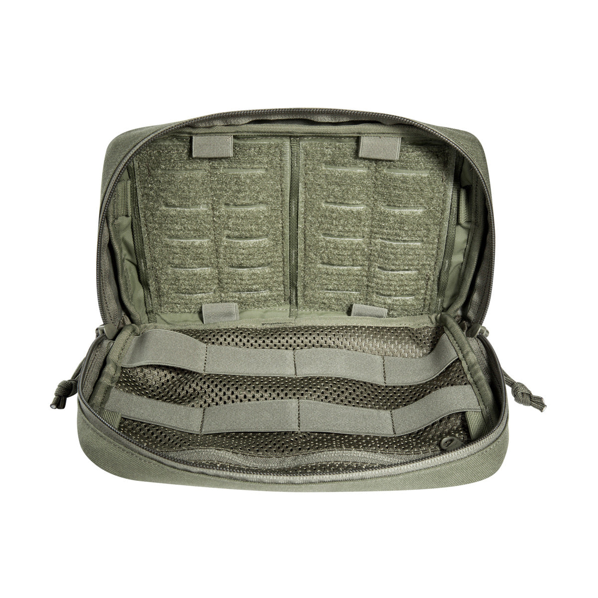 The bag has a removable MOLLE reverse system for attachment to plate carriers and backpacks. In addition, it can be hooked with loops to the TT Survival Pack or other MOLLE surfaces with appropriate buckles. There is also a pass-through for a 50mm belt loop. Inside are flat mesh pockets, elastic loops and a large MOLLE hook-and-loop surface. www.moralepatches.com.au