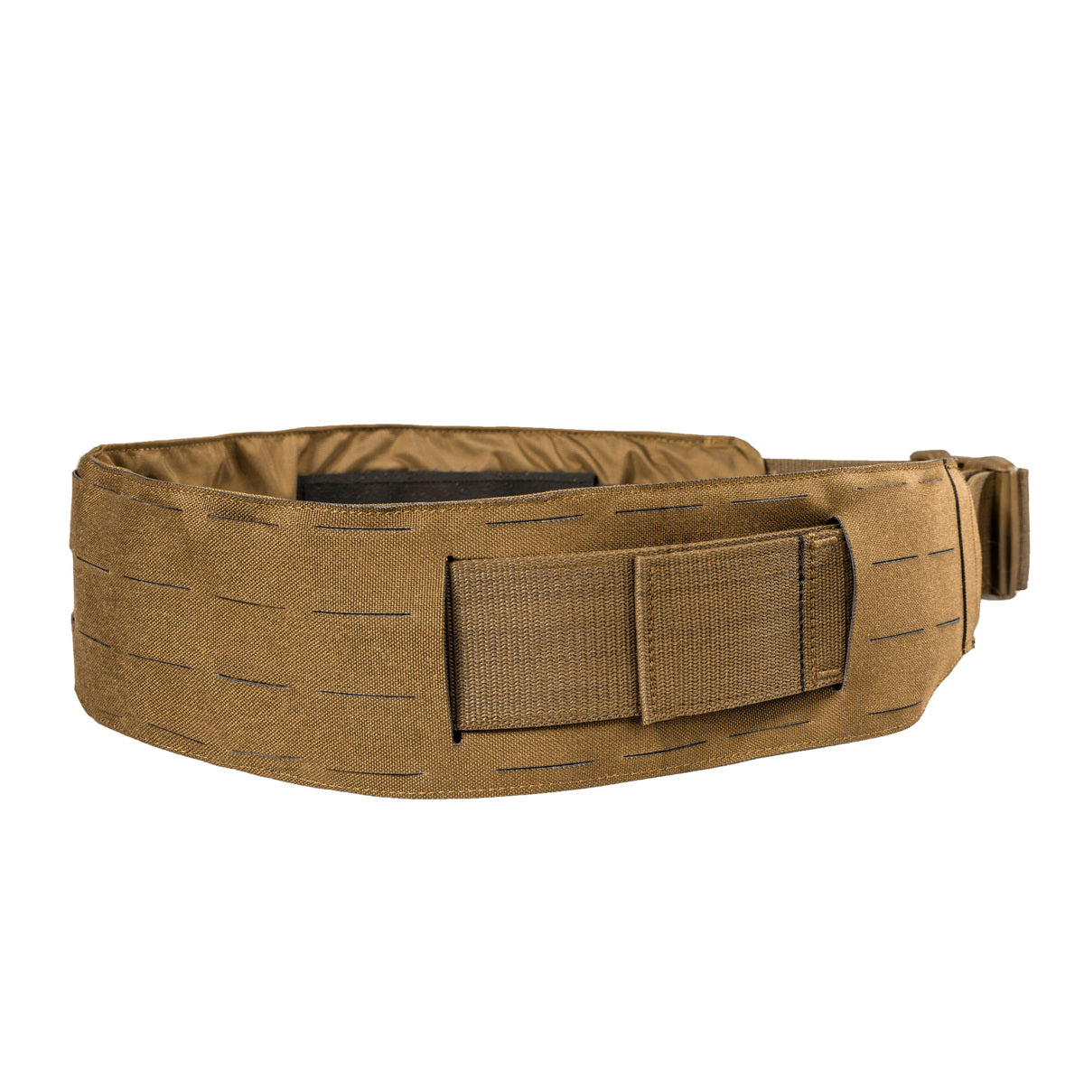 Extremely low-lying warrior belt for attaching to a tactical belt. The hook-and-loop fastening (hooks) is covered with a non-slip material when not in use. 4 laser-cut MOLLE slots high. www.moralepatches.com.au