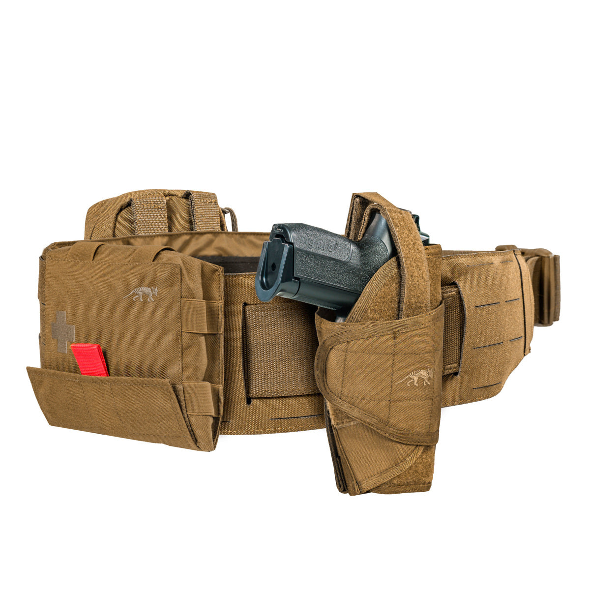 Extremely low-lying warrior belt for attaching to a tactical belt. The hook-and-loop fastening (hooks) is covered with a non-slip material when not in use. 4 laser-cut MOLLE slots high. www.moralepatches.com.au