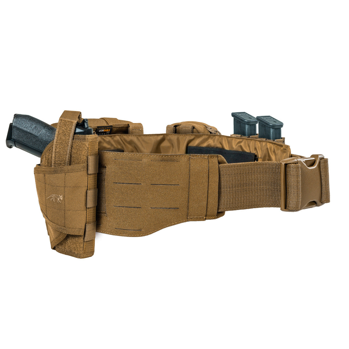 Extremely low-lying warrior belt for attaching to a tactical belt. The hook-and-loop fastening (hooks) is covered with a non-slip material when not in use. 4 laser-cut MOLLE slots high. www.moralepatches.com.au