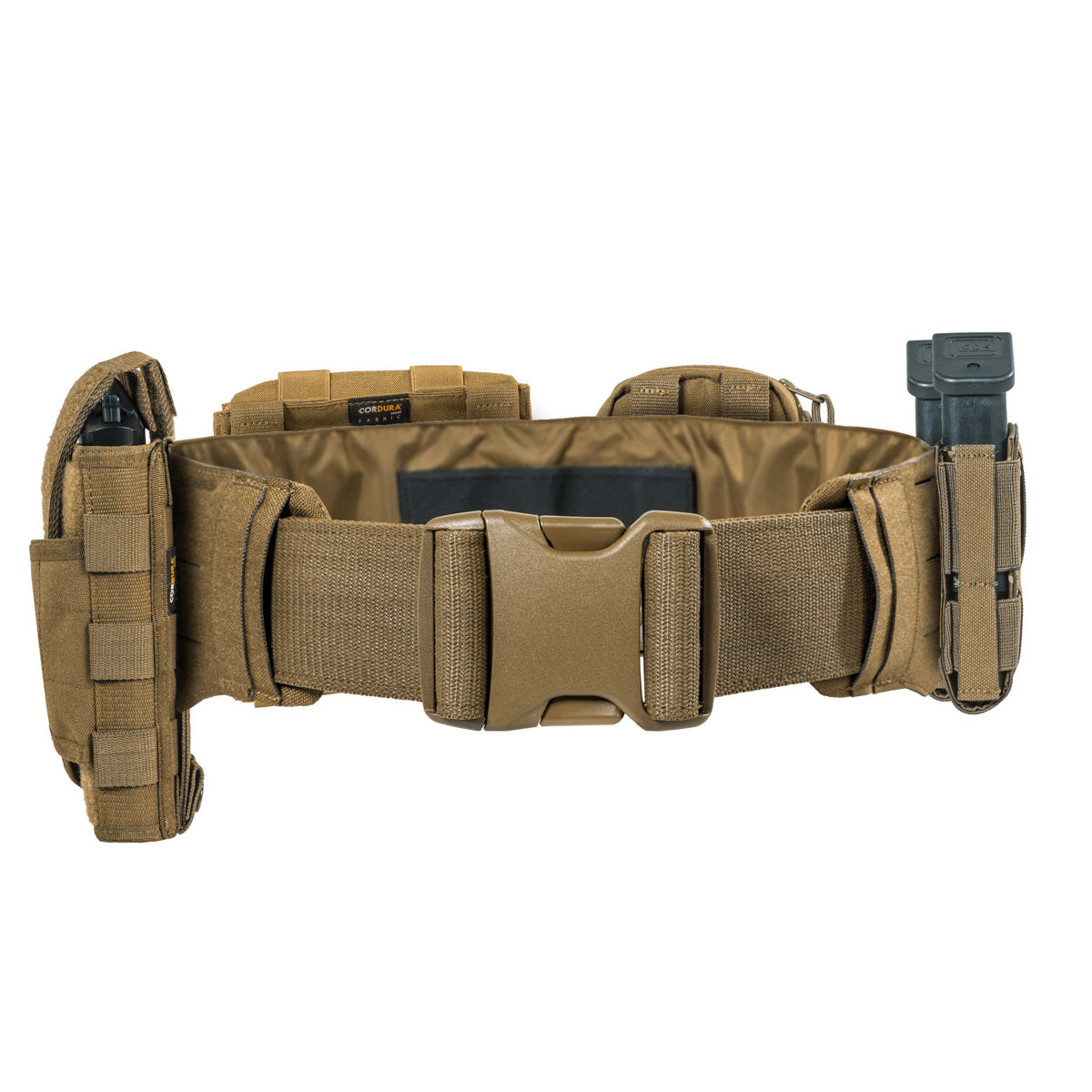 Extremely low-lying warrior belt for attaching to a tactical belt. The hook-and-loop fastening (hooks) is covered with a non-slip material when not in use. 4 laser-cut MOLLE slots high. www.moralepatches.com.au