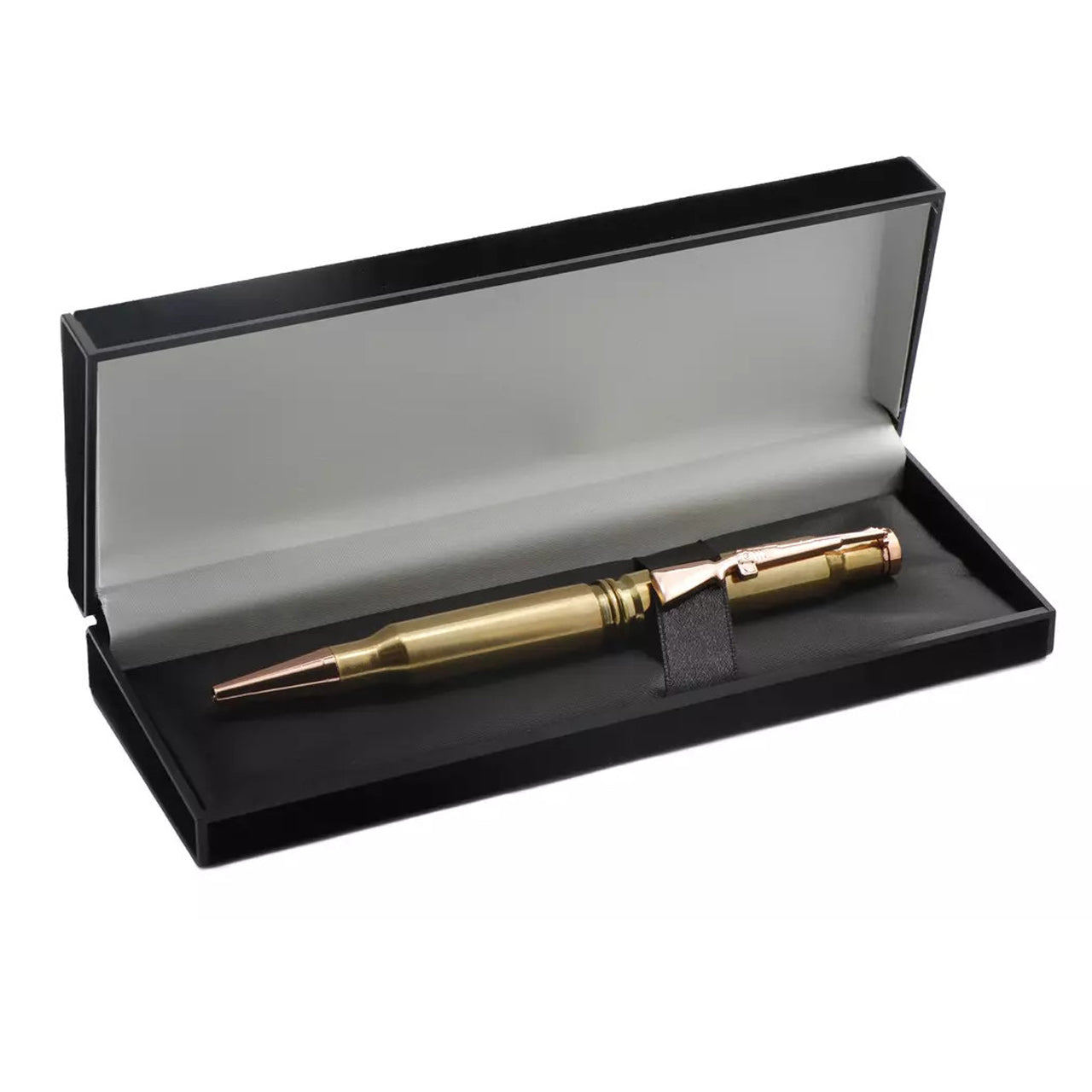 A beautiful quality pen to cherish. This unique pen is created from 2.308 brass rifle shells with a rifle clip, making it a stunning gift for a loved one or a special keepsake for yourself. With its wonderful two-tone design, this intricately crafted pen is a beautiful way to commemorate special moments. The pen comes in a felt gift box, adding an extra touch of elegance to the presentation. www.moralepatches.com.au