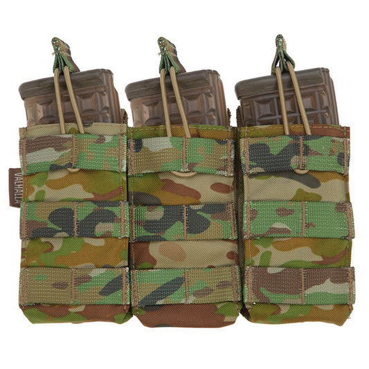 The Valhalla Triple Mag Pouch is an easy and effective way to carry your magazines. It does this by utilizing an open-top design with elastic bungee cords with easy pull tabs to hold the mags in place. www.moralepatches.com.au