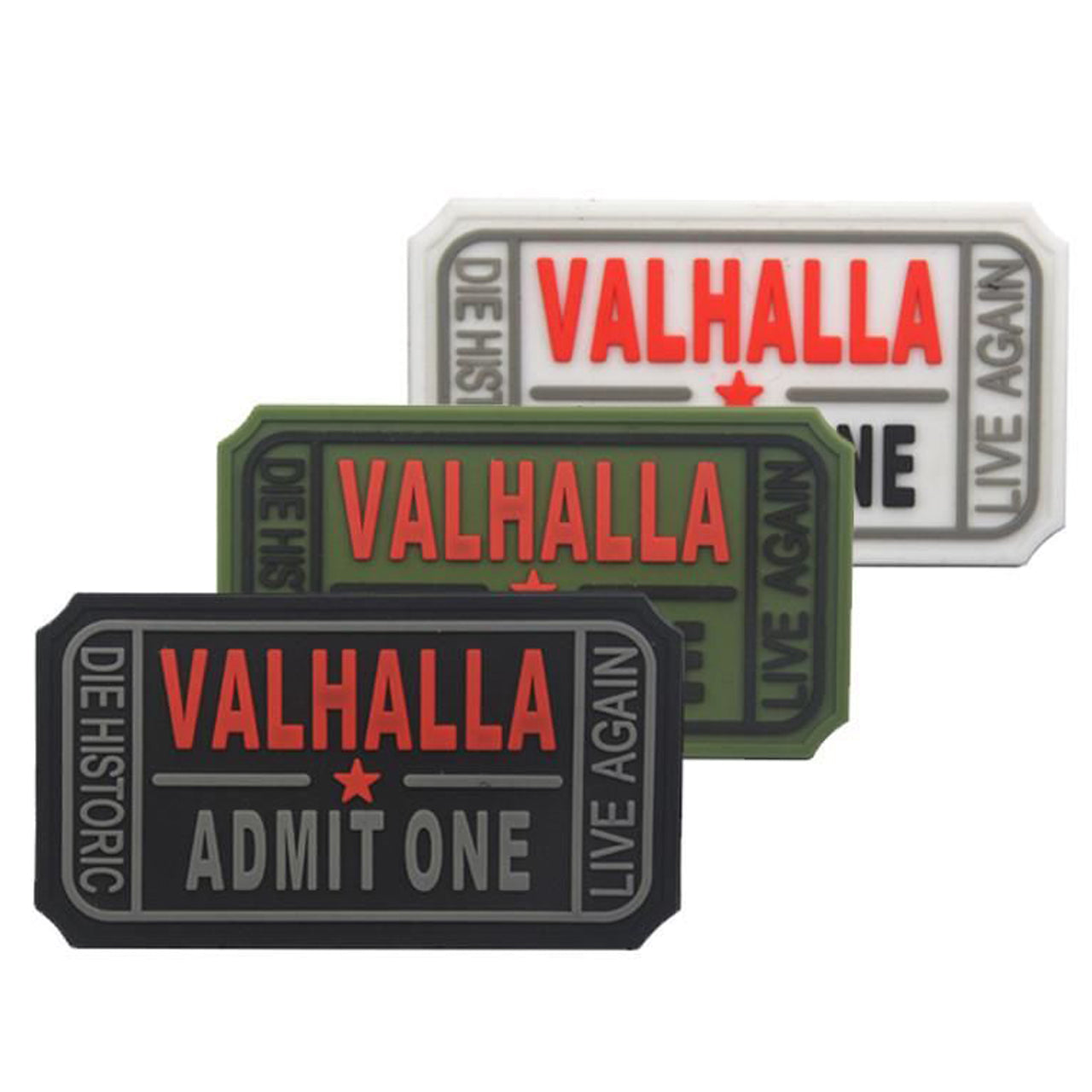 Valhalla Admit One, Die Historic, Live Again PVC Patch, Velcro backed Badge. Great for attaching to your field gear, jackets, shirts, pants, jeans, hats or even create your own patch board.  Size: 7.5x4cm www.moralepatches.com.au