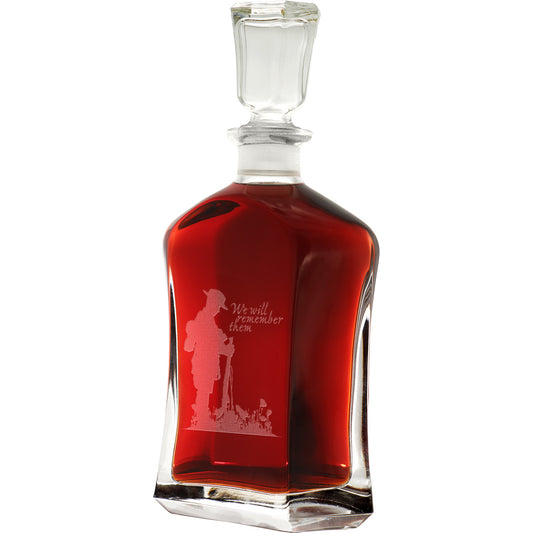 Bring your dining experience to life with the We Will Remember Them Italian Glass Decanter. This elegant, 750ml decanter proudly displays the company crest, etched with precision onto the sleek glass surface. Perfect for gifting or displaying in your own cabinet or bar, this decanter is a must-have for any wine or spirit enthusiast. Enhance your evening with the beauty and quality of this stunning piece. www.moralepatches.com.au