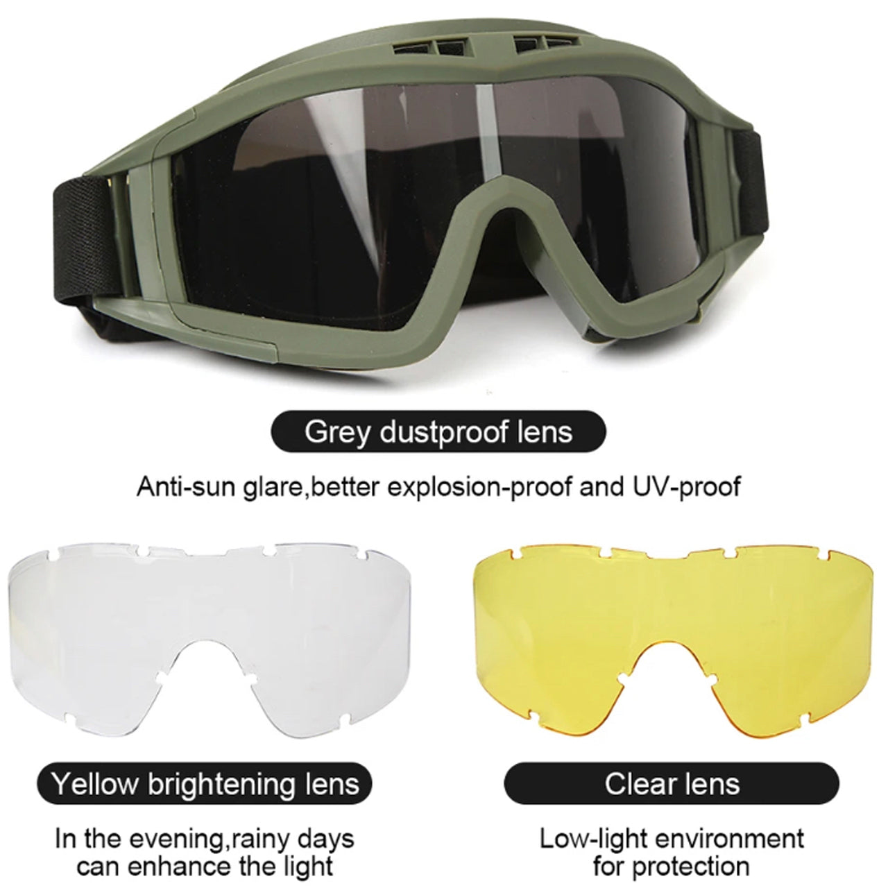 This Tactical Military Goggle Field Kit equips users for any battlefield. Crafted from durable PC material, it is available in black, army green, or sand colors and is the perfect size (20*10cm) for a range of operations. The kit includes 1 pair of goggles, 3 sets of lenses, and 1 portable glasses bag. Experience unparalleled protection and comfort with this Tactical Military Goggle Field Kit. www.moralepatches.com.au