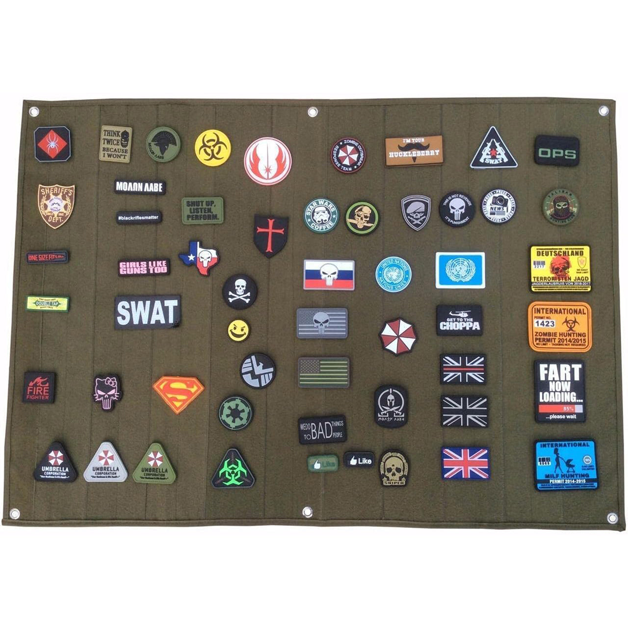 This Morale Patch Display Board with a soft loop side works with all velcro-backed morale patches, ID patches, name patch, etc. Heavy-duty grommets to hang on the wall. Folds/rolls up for easy storage. Heavy-duty nylon fabric backing. www.moralepatches.com.au