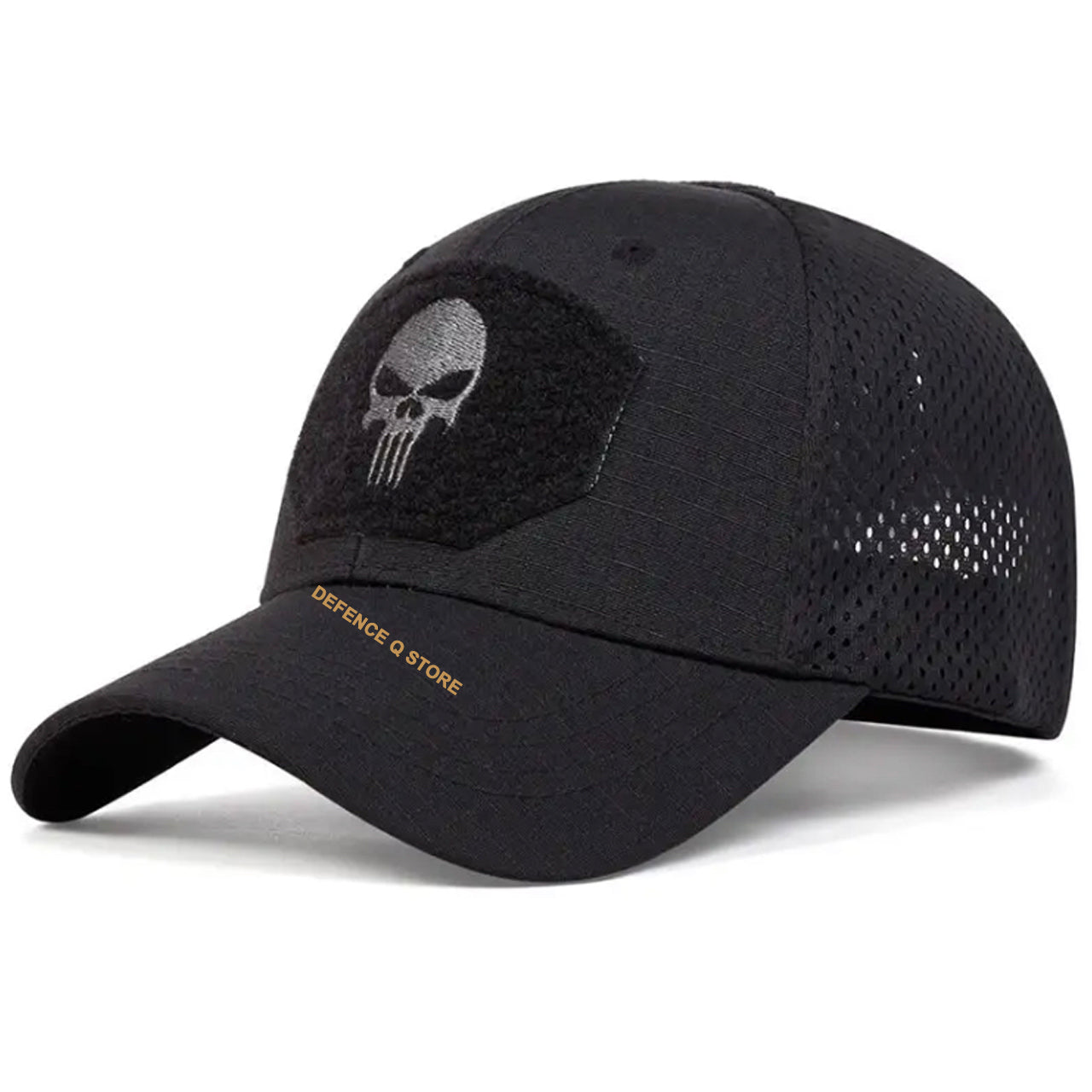 Experience the ultimate in style and comfort with our Military Punisher Cap in sleek black. One size fits all with adjustable velcro straps, and the lightweight fabric ensures all-day wearability. www.moralepatches.com.au