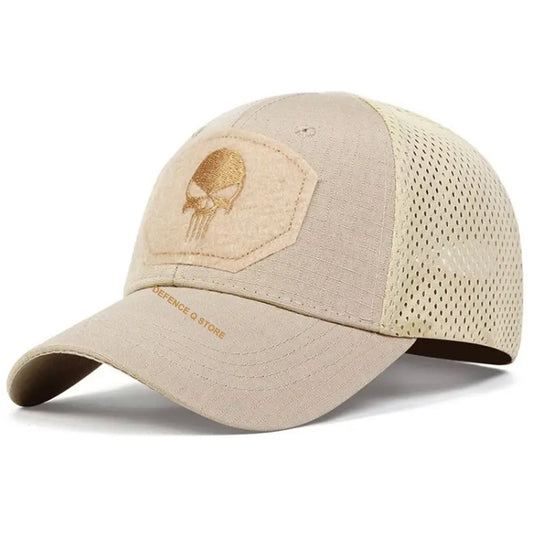 Experience the ultimate in style and comfort with our Military Punisher Cap in sleek tan. One size fits all with adjustable velcro straps, and the lightweight fabric ensures all-day wearability.  www.moralepatches.com.au