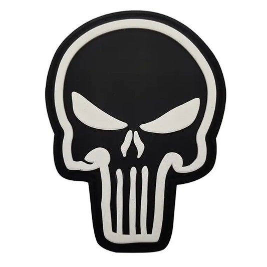 Punisher Skull Black & White PVC Morale Patch, Velcro backed Badge. Great for attaching to your field gear, jackets, shirts, pants, jeans, hats or even create your own patch board.  Size: 8x6cm www.moralepatches.com.au