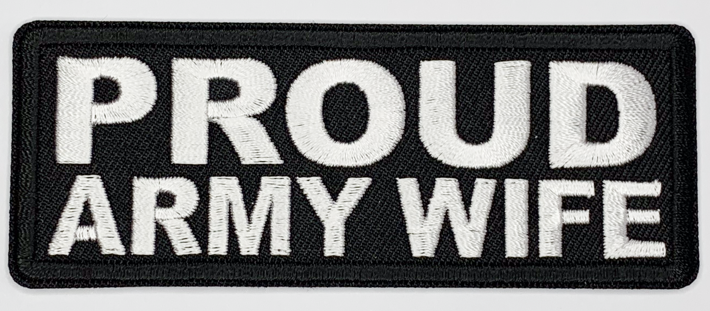 Proud Army Wife Iron On Patch. Great for attaching to your jackets, shirts, pants, jeans, hats.  Size: 10.4X4cm