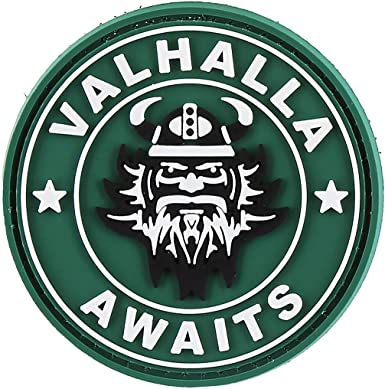 VALHALLA Awaits PVC Patch, Velcro backed Badge. Great for attaching to your field gear, jackets, shirts, pants, jeans, hats or even create your own patch board.  Size: 7cm