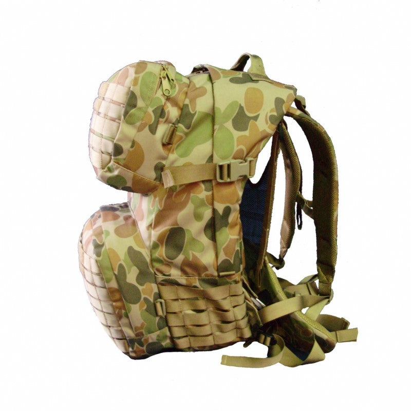 45LT load bearing patrol pack  heavy duty 900D 2 coats PU fabric  Large main pack A4 folder compatible  Fully hydration compatible  Internal front zippered pocket  Air-mesh lined harness with reinforced hip-belt  Front pockets with organisers  Sides and bottom are PALS compatible  Accessory loops on bottom of pack