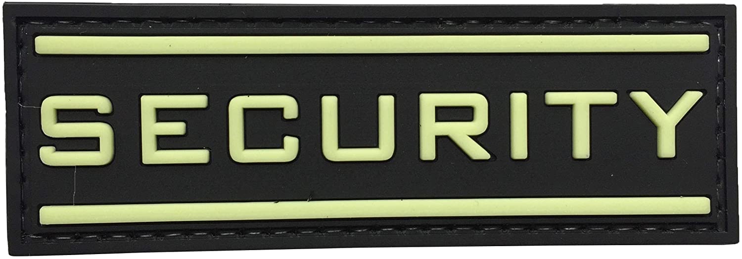 Security PVC Patch Glow in the Dark, Velcro backed Badge. Great for attaching to your field gear, jackets, shirts, pants, jeans, hats or even create your own patch board.  Size: 9x3cm