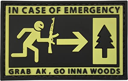 In case of Emergency, Gear AK, Go Inna Woods PVC Patch, Velcro backed Badge. Great for attaching to your field gear, jackets, shirts, pants, jeans, hats or even create your own patch board.  Size: 7x4.3cm