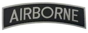 AIRBORNE Tab PVC Patch Black and Grey, Velcro backed Badge. Great for attaching to your field gear, jackets, shirts, pants, jeans, hats or even create your own patch board.  Size: 9x2.4cm