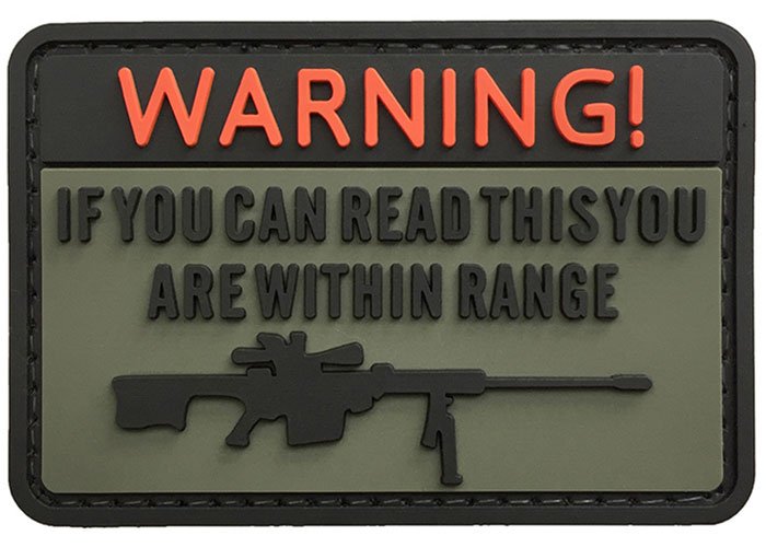 Warning. If you can read this you are within Range PVC Patch, Velcro backed Badge. Great for attaching to your field gear, jackets, shirts, pants, jeans, hats or even create your own patch board.  Size: 7.5x5cm