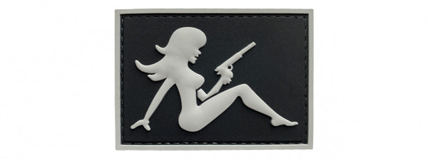 Mudflap Girlwith Pistol on Left Hand PVC Patch, Velcro backed Badge. Great for attaching to your field gear, jackets, shirts, pants, jeans, hats or even create your own patch board.  Size: 7x5cm