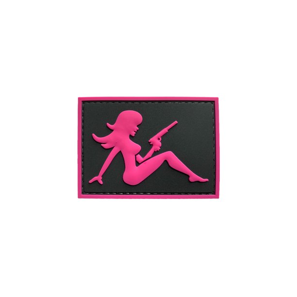 Mudflap Girlwith Pistol on Left Hand PVC Patch, Velcro backed Badge. Great for attaching to your field gear, jackets, shirts, pants, jeans, hats or even create your own patch board.  Size: 7x5cm