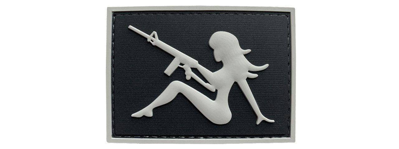 Mudflap Girl with Rifle on Right Hand PVC Patch, Velcro backed Badge. Great for attaching to your field gear, jackets, shirts, pants, jeans, hats or even create your own patch board.  Size: 7x5cm