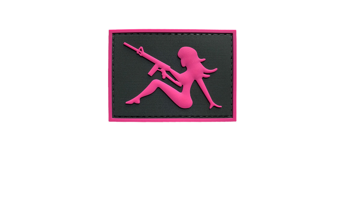 Mudflap Girl with Rifle on Right Hand PVC Patch, Velcro backed Badge. Great for attaching to your field gear, jackets, shirts, pants, jeans, hats or even create your own patch board.  Size: 7x5cm