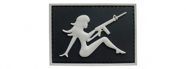 Girl with Rifle on Left Hand PVC Patch, Velcro backed Badge. Great for attaching to your field gear, jackets, shirts, pants, jeans, hats or even create your own patch board.  Size: 7x5cm  moralepatches.com.au