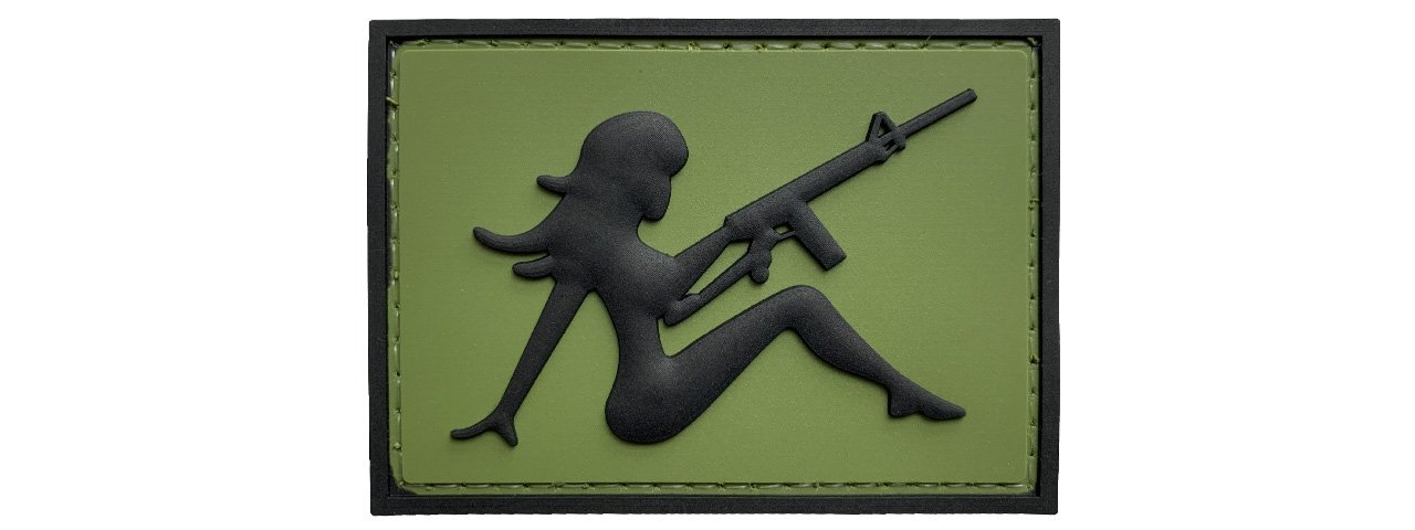 Girl with Rifle on Left Hand PVC Patch, Velcro backed Badge. Great for attaching to your field gear, jackets, shirts, pants, jeans, hats or even create your own patch board.  Size: 7x5cm  moralepatches.com.au