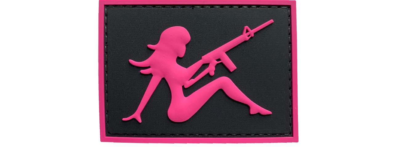 Girl with Rifle on Left Hand PVC Patch, Velcro backed Badge. Great for attaching to your field gear, jackets, shirts, pants, jeans, hats or even create your own patch board.  Size: 7x5cm  moralepatches.com.au