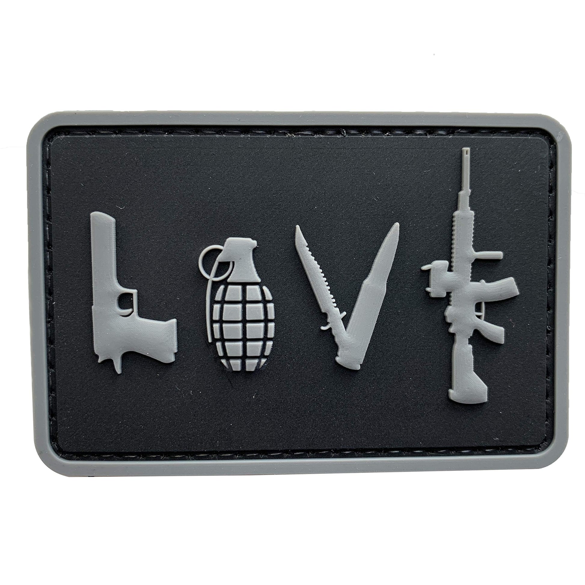 LOVE - Pistol Grenade Knife Rifle PVC Patch, Velcro backed Badge. Great for attaching to your field gear, jackets, shirts, pants, jeans, hats or even create your own patch board.  Size: 7.5x5cm